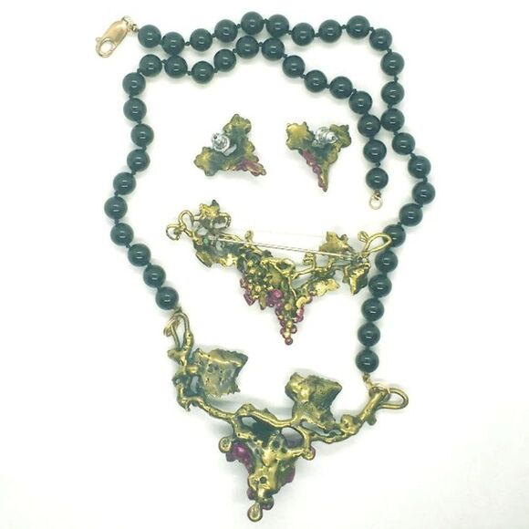 Vintage Richard Kaish Grape Vine Necklace Earrings Brooch Wine Theme Beads - Picture 4 of 5